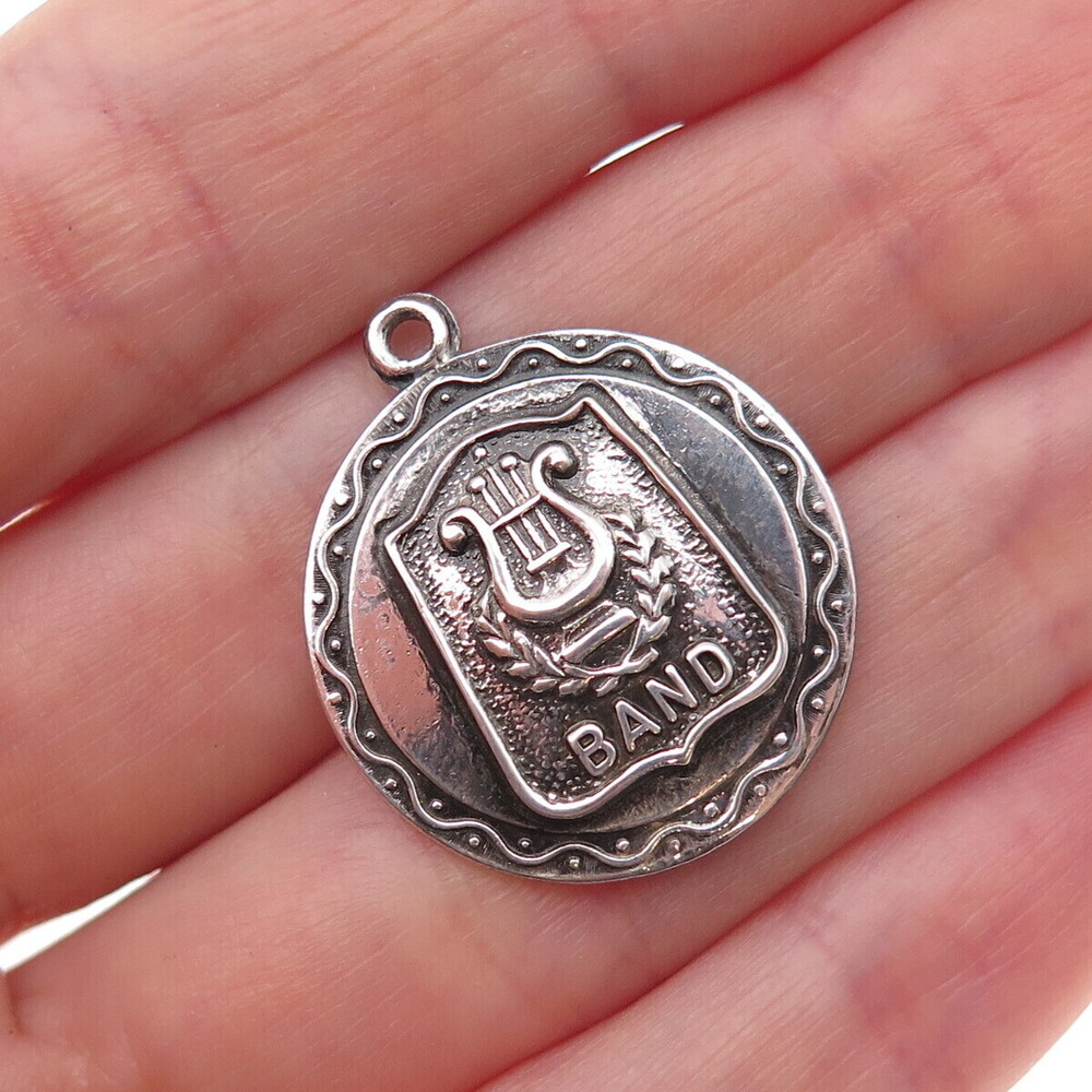 925 Sterling Silver Antique Art Deco Music Band Oxidized Charm Pendant
